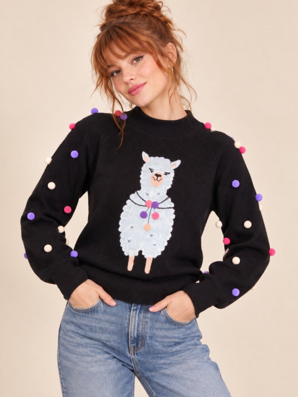 UNIQUE VINTAGE Cozy Holiday Festive Llama Alpaca Pom Pom Stretch Knit Sweater